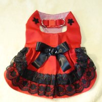 赤デニム　× 黒のふりふりレース　ハーネスワンピース【４S・３Ｓ・２Ｓ・２SL・S】